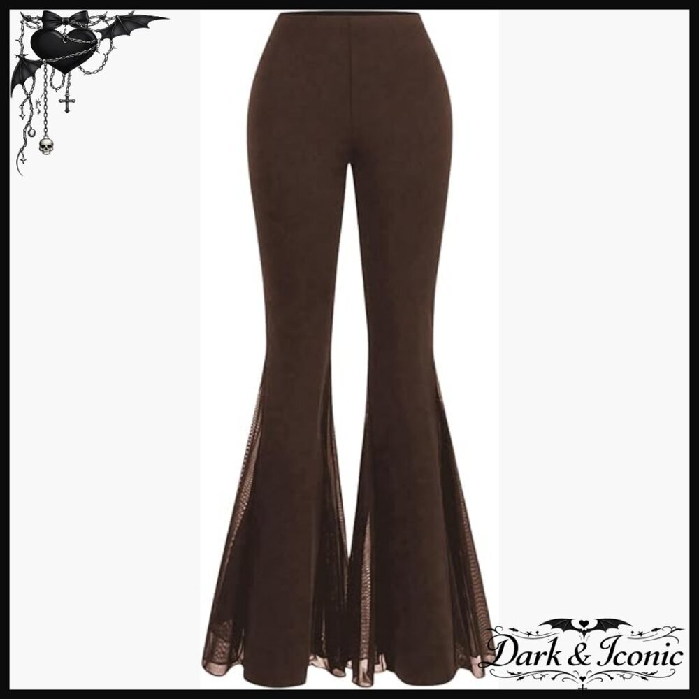 High Waisted Flare Leggings with Lace Mesh Detail, Stretchy Polyester Blend